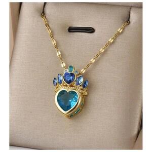 Blue heart crown - Necklace - Gold - CZs - 18"